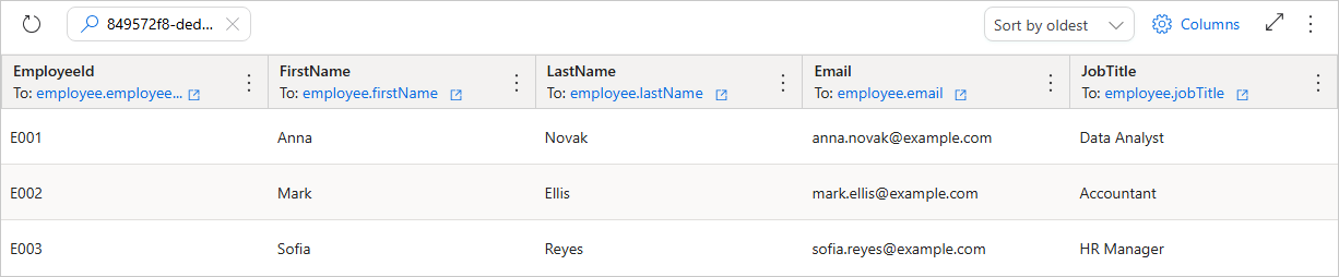 Preview tab with a request ID pasted in the search box, showing only the records sent in that request to the ingestion endpoint