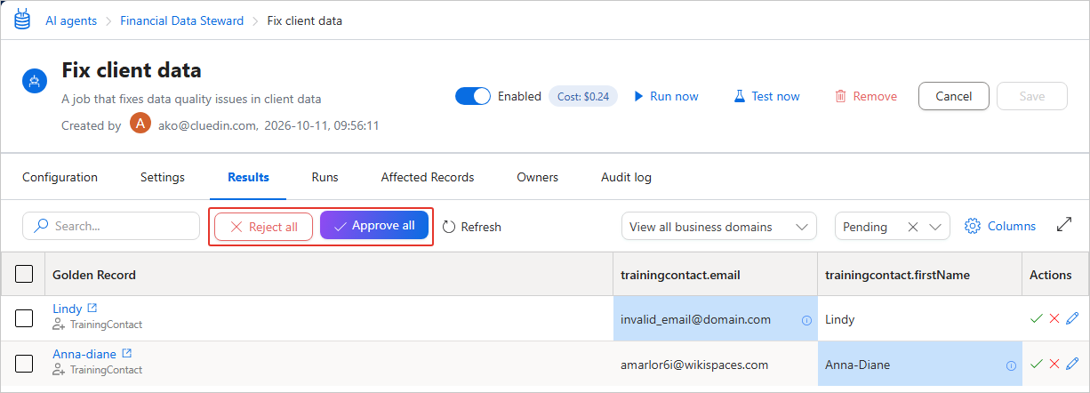 The Results tab with the Reject all and Approve all buttons highlighted