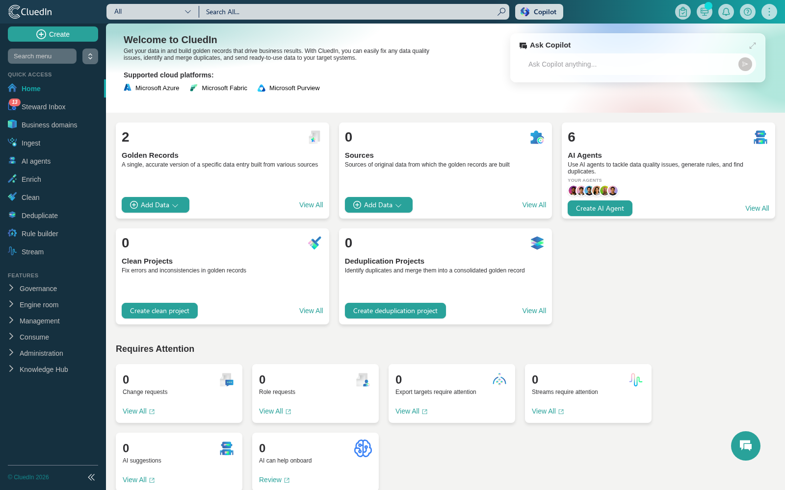 The Ask Copilot card on the Home page, with a message input box and a send button