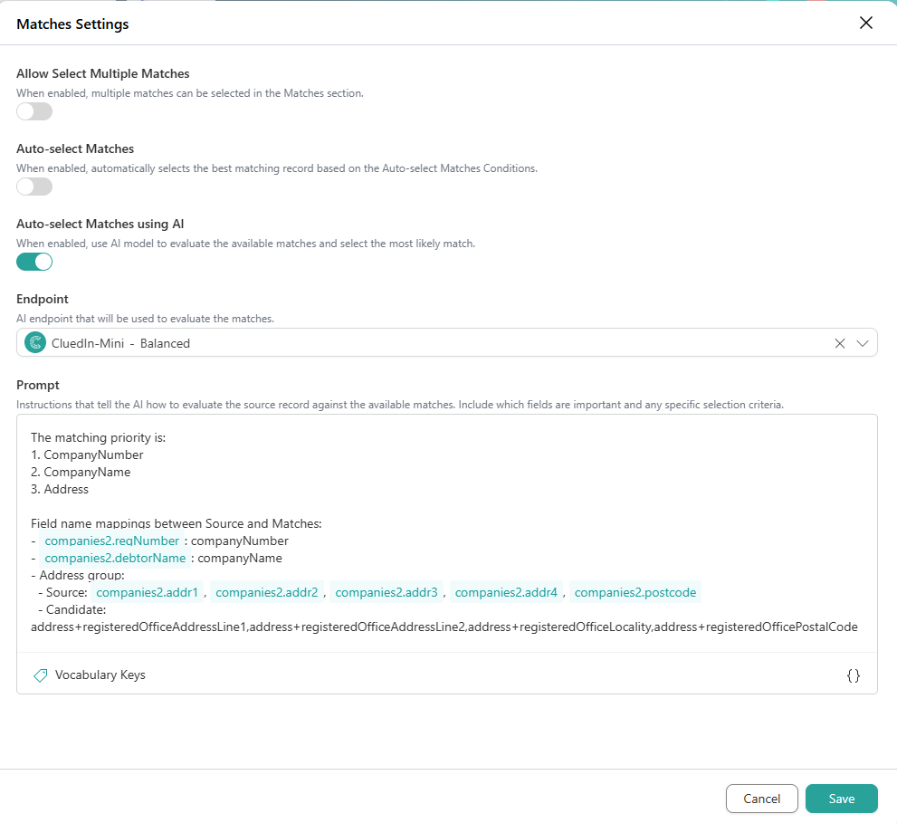 Matches Settings with Auto-select Matches using AI turned on, the CluedIn-Mini Balanced endpoint selected, and a prompt setting matching priority and field mappings